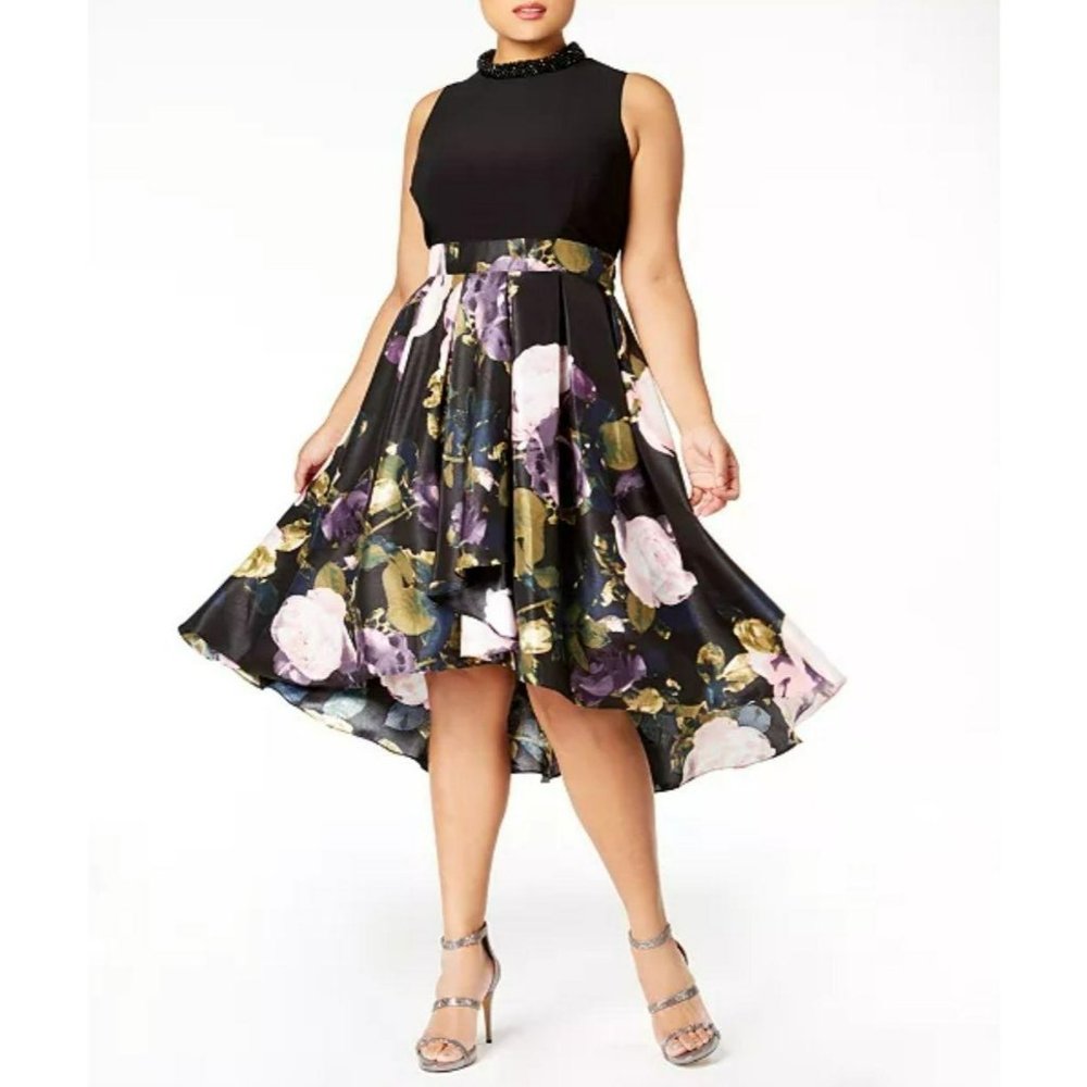Women's  Floral Hi Lo Sleeveless Dress Black